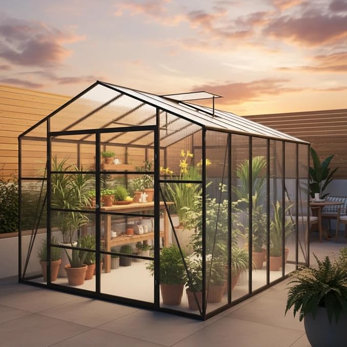 10x12 FT Greenhouse, Walk-in Heavy Duty Polycarbonate Outdoor Greenhouses with Raised Base & Anchor, Drainage System & Height-Enhanced Aluminum Frame for Backyard All Season Growing, Black