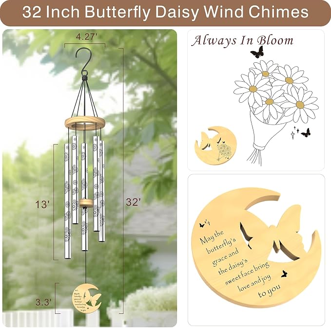 Modern Wind Chimes for Outside, 32" Daisy Print Wind Chime with Butterfly Pendant for Birthday, Mother's Day, Unique Gifts for Women, Garden Yard Patio Porch Home Hanging Decor(Silvershine)
