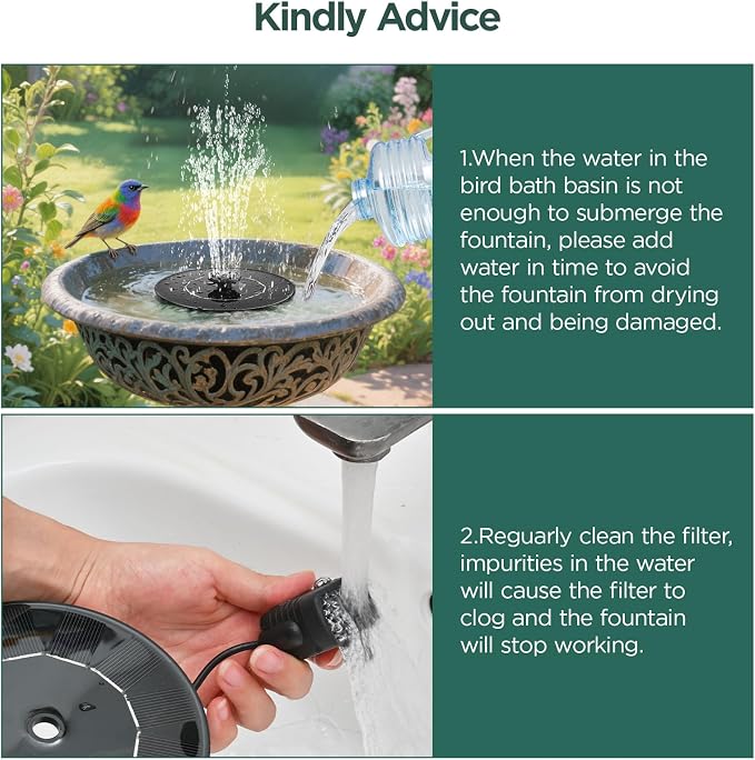 1.4W Solar Bird Bath Fountain Pump, Solar Fountain, Solar Powered Water Pump, Outdoor Water Fountain with 6-in-1 Nozzles, Free Standing Floating Solar Powered for Bird Bath, Pond, Pool, Outdoor