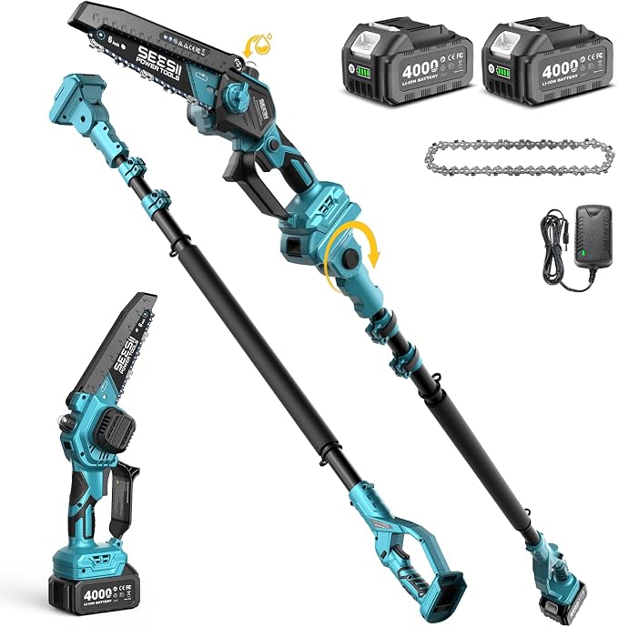 SEESII 2-in-1 Electric Pole Saws: Brushless Mini Chainsaw Cordless 6 Inch, 2 x 4000mAh Batteries, Pole Saw for Tree Trimming,Hand held Chain Saw with Extension Pole for Tree Limb Branch Cutter,P6 Ace