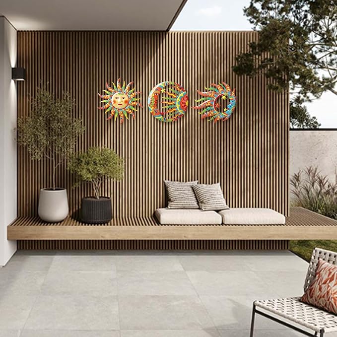VividLadybug Sun Moon Sun Face Metal Wall Sculpture Set of 3, Indoor Outdoor Garden Fence Decor