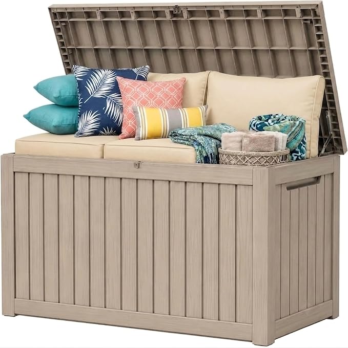 270 Gallon Outdoor Storage Box Resin Deck Box All Weather Waterproof Large Lockable Storage Container Deck Box for Patio Furniture, Garden Tools, Lockable, Gray New