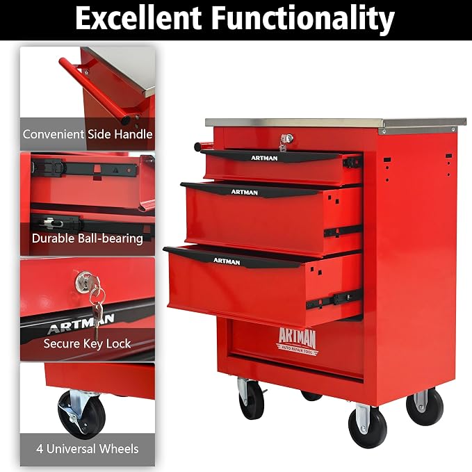 KEIKI 4 Drawers Tool Cart on Wheels,Multifunctional Rolling Tool Chest Tool Storage,Drawers Rolling Tool Trolley Organizer Tool Case for Garage, Warehouse, Workshop, Repair Shop (Red)