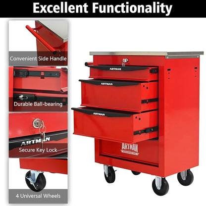 KEIKI 4 Drawers Tool Cart on Wheels,Multifunctional Rolling Tool Chest Tool Storage,Drawers Rolling Tool Trolley Organizer Tool Case for Garage, Warehouse, Workshop, Repair Shop (Red)