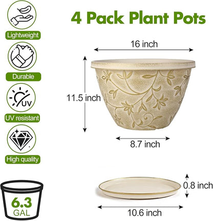 Nooulap 4 Pack 16 Inch Plant Pot with Drainage Hole, Plastic Large Indoor Outdoor Planter, Decorative Flower Pot for Patio, Garden & Front Porch, with Gold Flower Partten (Beige)