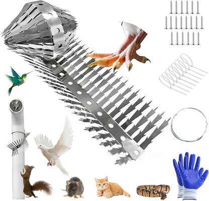 Bird spikes deterrent for outside Stainless Steel 360°Bend 100cm with Accessories, Anti Climb Spikes to Keep Birds- Pigeon-Racoon-Squirrel-Cat Away from porch baffle feeder yard patio garden Fence