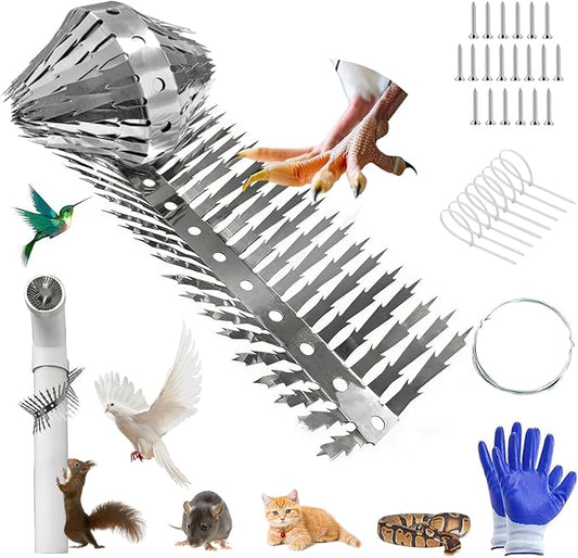 Bird spikes deterrent for outside Stainless Steel 360°Bend 100cm with Accessories, Anti Climb Spikes to Keep Birds- Pigeon-Racoon-Squirrel-Cat Away from porch baffle feeder yard patio garden Fence
