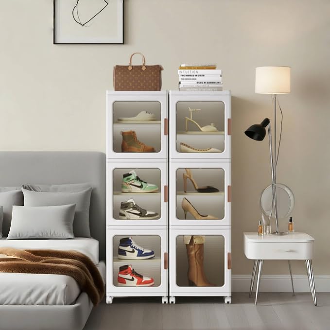 3-Tier Slim Bathroom Storage Cabinet for Small Space,White | Quick Assembly,Foldable,Plastic Organizers,Magnetic Doors,Adjustable Shelves,Narrow Storage Cabinet,Wheels