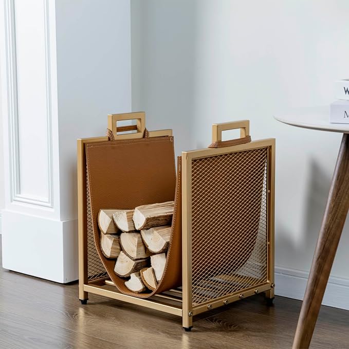 MyGift Modern Gold Tone Metal Firewood Stand with Brown Leatherette Wood Holder Sling, Wire Mesh Design and Top Carrying Handles, Compact Log Splits Kindling Storage Rack