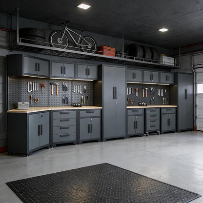 Garage Cabinets and Storage System, 17PCS Garage Storage Cabinet System Corner Workshop Set with Corner Cabinet, Cabinet Drawers, Workbench, Pegboard for Tool Organization, Black Grey