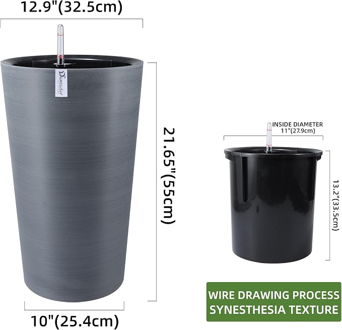 Dexceder 22x13 Self Watering Tall Planter (Gray, Wire Drawing) | High Cylinder, Thickened Large Floor Standing Flower Plant Pot with Water Level Indicator Indoor Outdoor