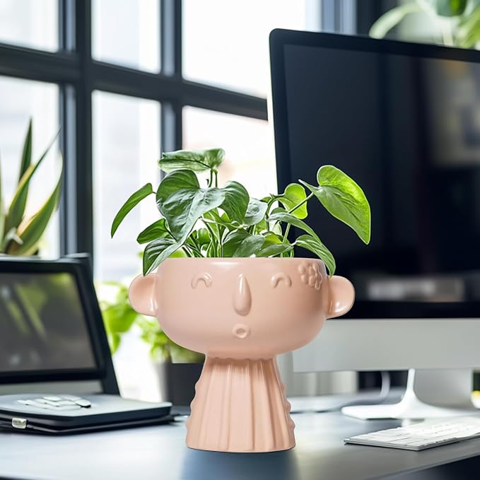Face Flower Pots - 7 Inch Ceramic Pots for Plants Indoor Outdoor, Decorative Head Planter, Small Cute Succulent Planters with Drainage Hole, Room House Decor, Gifts for Plant Lover, Matte Pink