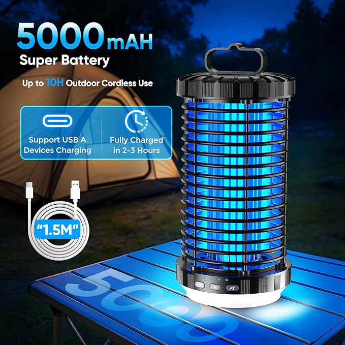 Bug Zapper Outdoor, 2026 Upgraded 3 in 1 Rechargeable Bug Zapper with 5000mAh Battery & LED Night Light, 4000V Cordless Waterproof Mosquito Zapper for Outside,Patio,Backyard,Garden Black 01