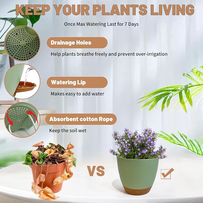 LIFFY Plant Pots, 8,7.5,7,6.5,6,5.5,5 Inch Plastic Self Watering Planters with Drainage Holes & Saucers, 7-Pack Green Nursery Planting Pot with Deep Reservoir for Indoor Outdoor Plants