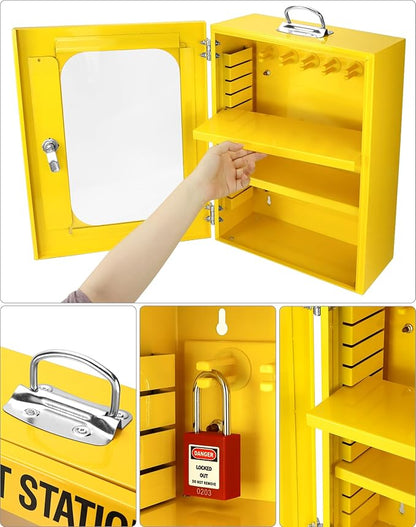 QWORK Lockout Tagout Cabinet, Heavy Duty Station Cabinet with Clear Door & Lock,Wall Mounted Box Cabinet, Steel Construction, Large Capacity Storage for Machine Service, Yellow