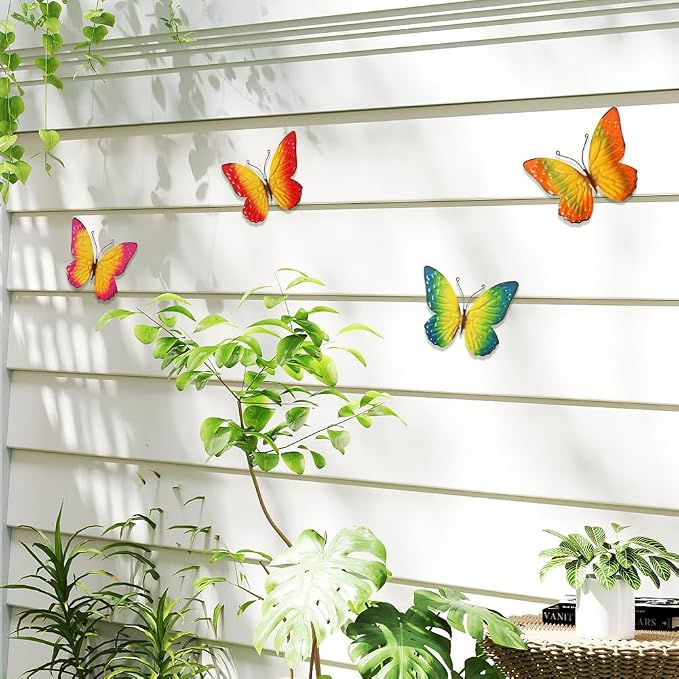 dreamskip Metal Butterfly Wall Decor Art, 4 Pack Colorful Metal Butterflies, Hand Painted for Garden, Yard, Fence, Patio, Living Room, Bedroom Decoration