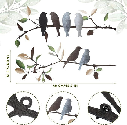 Demissle 2 Pcs Metal Birds Wall Art Decor Vivid Birds on Branch with Leaves Rustic Wall Decor Waterproof Metal Sculpture Hanging Sign for Home Balcony Garden Indoor Outdoor(Retro Colors)