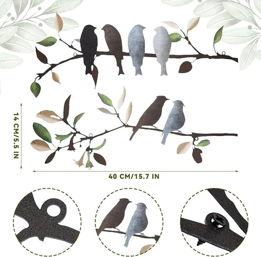 Demissle 2 Pcs Metal Birds Wall Art Decor Vivid Birds on Branch with Leaves Rustic Wall Decor Waterproof Metal Sculpture Hanging Sign for Home Balcony Garden Indoor Outdoor(Retro Colors)