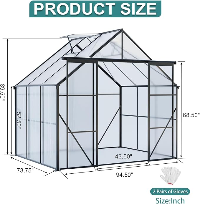 8x6 FT Greenhouse, Walk-in Polycarbonate Greenhouses with Double Sliding Doors, Aluminum Frame, Adjustable Roof Vent, Raised Base & Anchor, Outdoor Backyard Greenhouse for All Seasons, Black