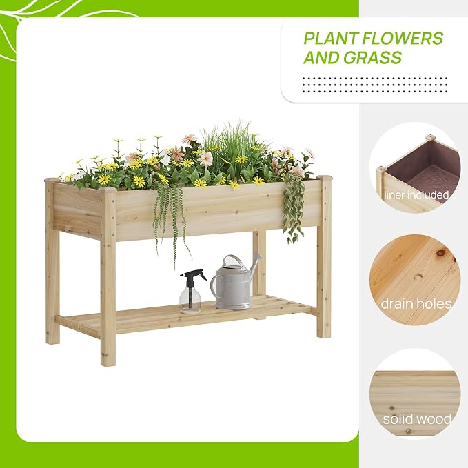 48x24x30.7in Wood Raised Garden Bed with Legs Wooden Planter Box with Storage Shelf Elevated Wood Planter Box for Vegetables Flowers Herbs Garden Planter for Backyard Patio Balcony (Natural, Medium)
