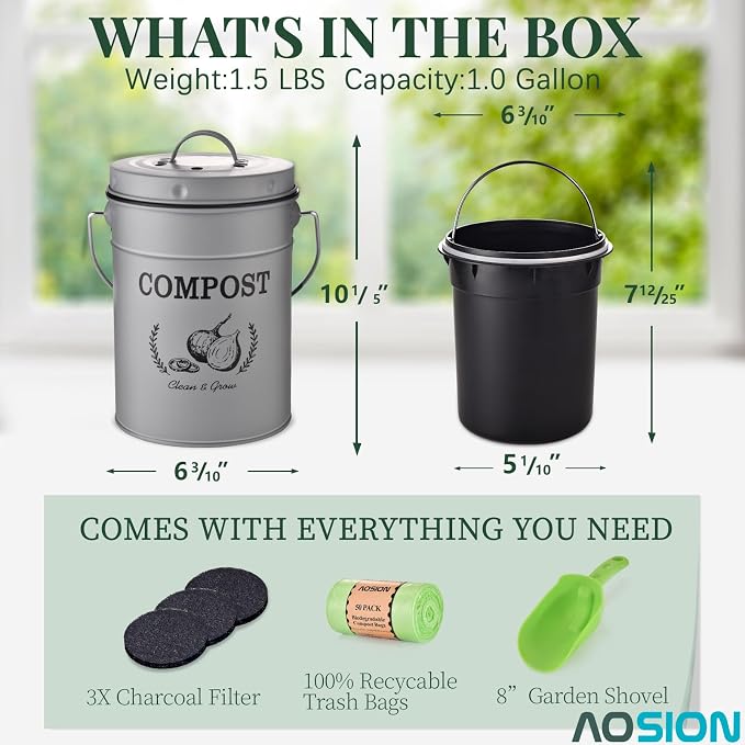 AOSION 1 Gallon Countertop Compost Bin for Kitchen with Lid,Odor Resistant | Farmhouse compost bin with charcoal filter,inner bucket and bags,easy kitchen food waste storage