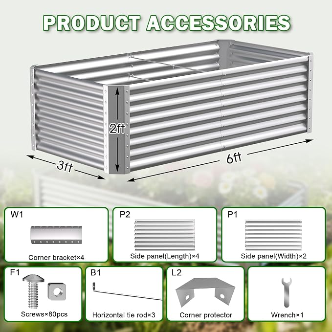 6x3x2ft Raised Garden Bed, Deep Root Planter Box, Silver,1 Pack | 1mm Thick Galvanized Steel, Resists Rust Bowing, Easy Assembly, Ideal Deep-Root Growing Condition for Broccoli,Beans,Tomatoes