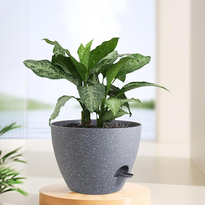 Meowell 12 inch Large Self Watering Pots, Plant Pots with Mesh Drainage Holes for Indoor Outdoor Plants, Plastic Planters with Deep Reservoir for Garden House Flower Plants, Speckled Grey
