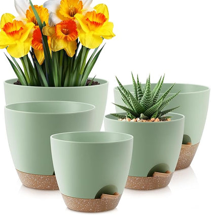 YNNICO Plant Pots 10/9/8/7.5/7 inch, Self Watering Planters with Drainage Holes & Saucers for Indoor and Outdoor Plants (Green)