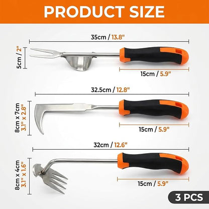 3 Pcs Garden Weeding Tool Set - Stainless Steel Manual Weed Puller with Non-Slip Handle for Yard Lawn Farm