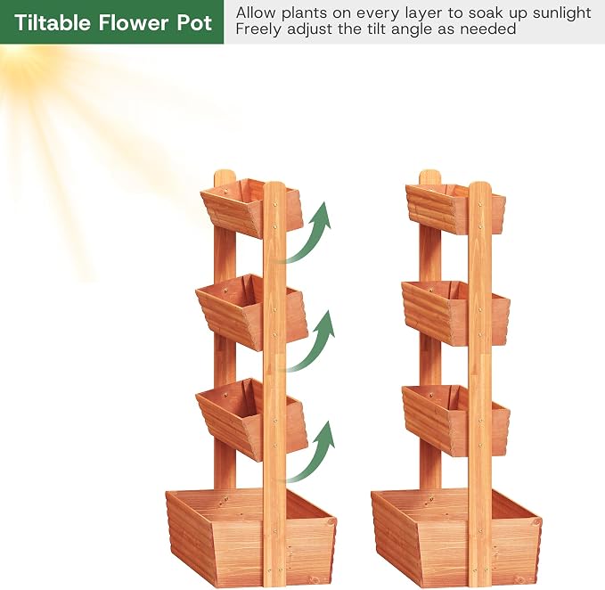 kiplant Adjustable Angle 4-Tiered Wooden Raised Garden Bed, Freestanding Vertical Planter Rack, Plant Box for Herbs, Veggies & Flowers, Indoor & Outdoor Gardening
