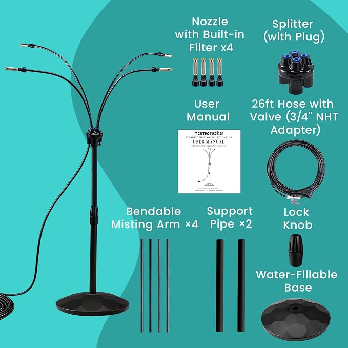 HOMENOTE Standing Misting Cooling System with Fillable Base, 26.2FT Water Line, Adjustable Height Standing Mister for Outside Patio Cooling, Pool Tanning, Garden Greenhouse Watering (Black)