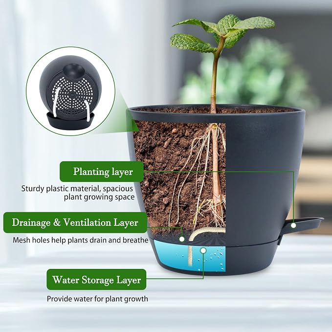 Koalaime Hanging Planters for Indoor Plants, 2 Set Self Watering Hanging Flower Pots, Modern Hanging Plant Baskets with Metal Plant Holder & 6.5 Inch Plastic Pots for Garden Home Decor (Black)