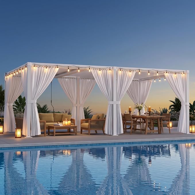 Louvered Pergola 12'x20' Outdoor Pergola with Roof, Heavy Duty Aluminum Frame & Waterproof Curtains, Hardtop Gazebo with Adjustable Louvers for Patio, Deck and Backyard, White