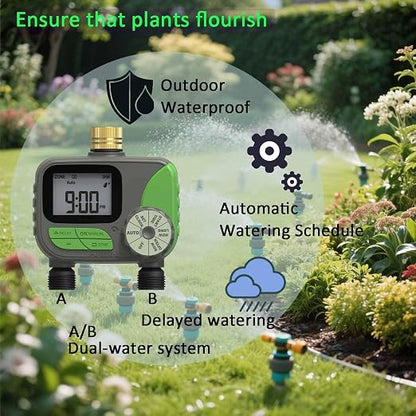 Drip Irrigation System for Garden with Water Timer Main ID 1/2inch 32Ft and 1/4inch 131Ft Water Hose, 2-Zone Automatic Watering System Sufficient Water Irrigation Dripper Waterflow Evenly Easy DIY