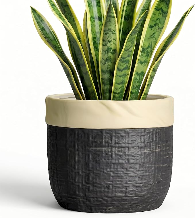 8 Inch Planter - Ceramic Pots for Plants with Drainage Hole and Plug, Round Unique Flower Pots for Indoor Plants, Boho Decorative Plant Pot, Apartment Decor, Gardening Gifts for Women, Black