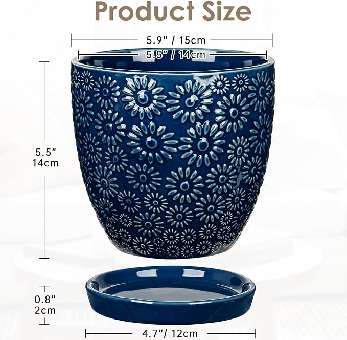 Hollyone 6 Inch Blue Ceramic Planter Flower Plant Pot with Drainage Hole and Saucer for Plants Embossed Indoor Outdoor Garden Embossed Ceramic Glazed Round Pot for Succulent Orchid Sunshine Pattern