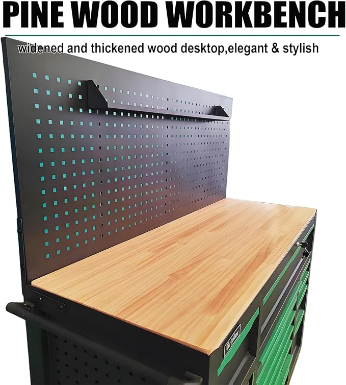 13-Drawers Rolling Tool Cabinet with Wood Workbench,Pegboard,60.6W x 22.7D x 66.1H inch,Heavy-Duty Steel Tool Storage,Lock & Key for Home,Garbge or Workshop Use(13 Drawer + 348 Pieces Tools)