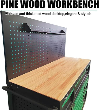 13-Drawers Rolling Tool Cabinet with Wood Workbench,Pegboard,60.6W x 22.7D x 66.1H inch,Heavy-Duty Steel Tool Storage,Lock & Key for Home,Garbge or Workshop Use(13 Drawer + 348 Pieces Tools)