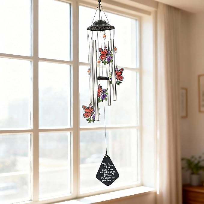 YU FENG Butterfly Memorial Wind Chime, Crystal Suncatcher Outdoor Decor | 34 Inch Metal Wind Chime, Butterfly Design, Sympathy Bereavement Gift, Garden Yard Patio Hanging Decoration