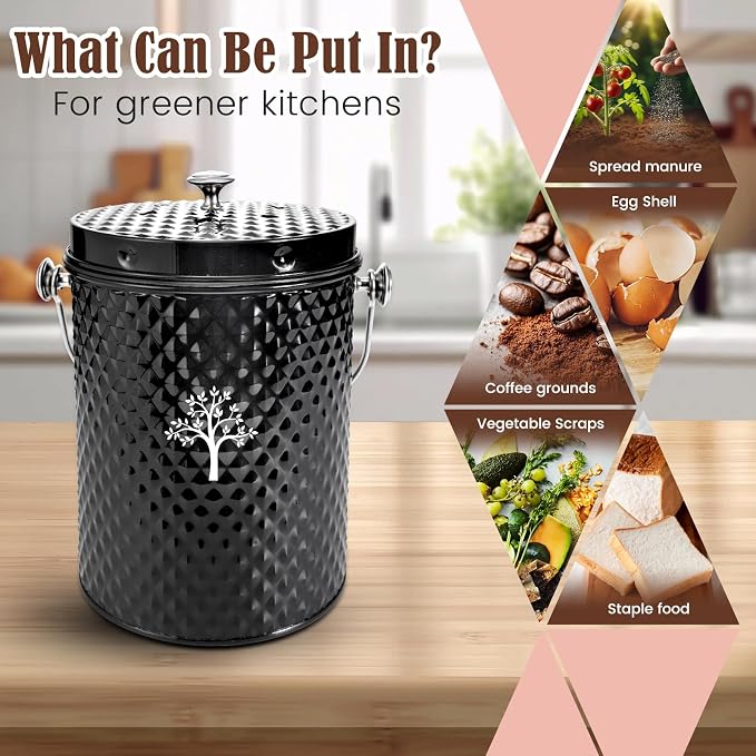 AOSION Countertop Compost Bin, Odor-Free Food Waste Container with 50 Bags | 1 Gallon Container,2 Carbon Filters,Compost Bucket, coffee grounds
