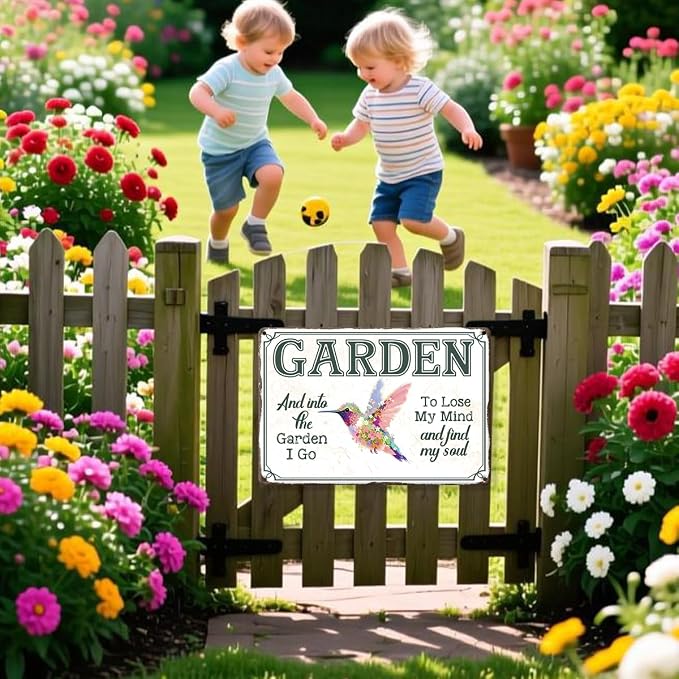 Hummingbird Floral Gardening Metal Tin,And Into The Garden Sign | Funny Garden Wall Art for Porch Garden Yard Patio Fence Yard Indoor Outdoor Wall Decor