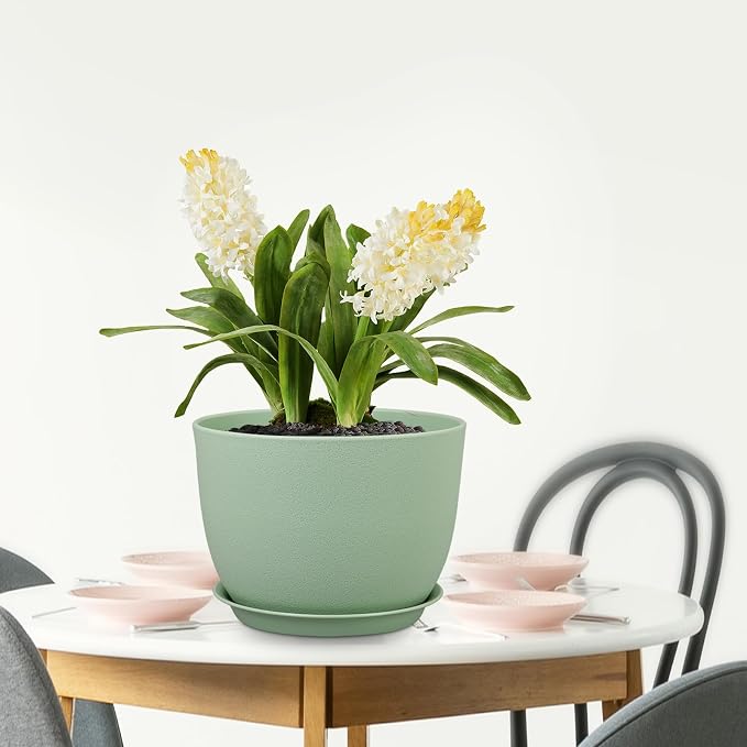 Meowell 12 inch Big Plant Pots, Plastic Planters with Drainage Holes and Trays, Flower Pots for Indoor Outdoor Plants, Modern Decorative Pots for Garden House Plants, Green