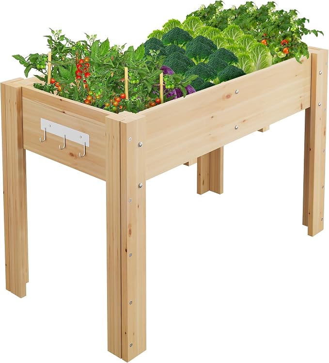 GarveeHome Elevated Garden Bed with Legs & Hooks, 47x30x22 Inch (4x2.5x1.8 ft) Raised Wood Planter Box for Vegetables/Herbs, Outdoor Patio & Backyard with Non-Woven Liner,Natural Wood