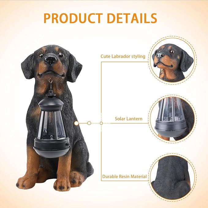 Garden Dog Statues Outdoor Decor, 13" Solar Powered LED Lights Outdoor Statue Garden Decorations Rottweiler Figurine for Patio, Lawn, Yard Decor, Housewarming Garden