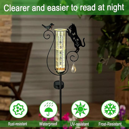 Solar Black Cat & Bird Metal Stake with Glass Rain Gauge, Outdoor Yard Lawn Pathway Garden Decor