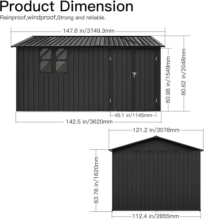KEIKI 12x10 Ft Metal Outdoor Storage Shed Garden with Window, Foldable Worktable & Shelves, Lockable Door, Waterproof Apex Roof Heavy Duty Tool House for Backyard Garden Lawn, Black