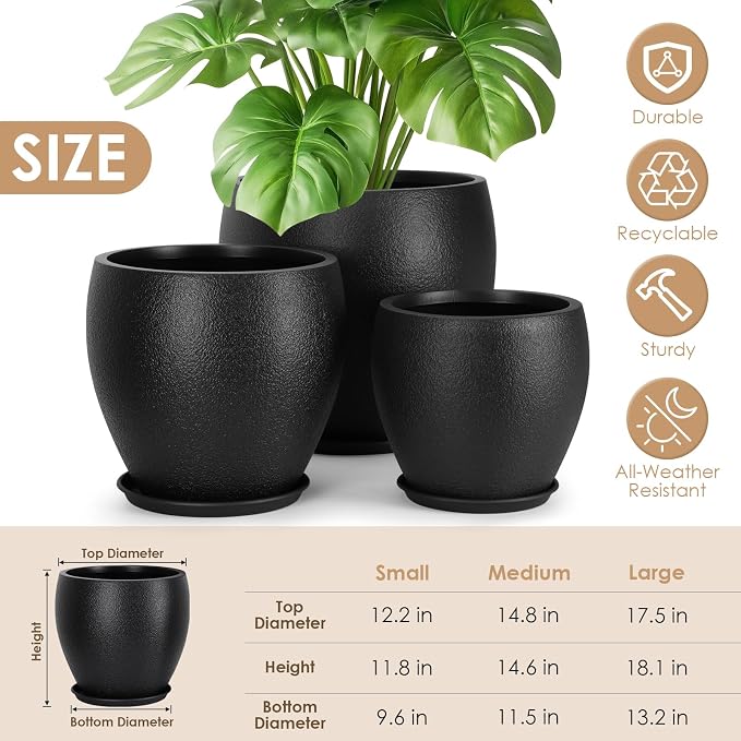 YNNICO Plant Pots 17.5/14.8/12.2 inch Set of 3, Flower Pots with Drainage Holes, Large Planters for Indoor Outdoor Garden Plants and Flowers. (Black)
