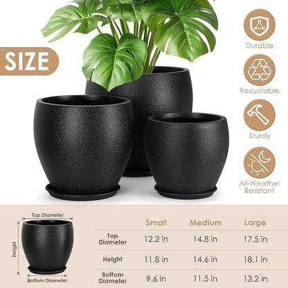 YNNICO Plant Pots 17.5/14.8/12.2 inch Set of 3, Flower Pots with Drainage Holes, Large Planters for Indoor Outdoor Garden Plants and Flowers. (Black)