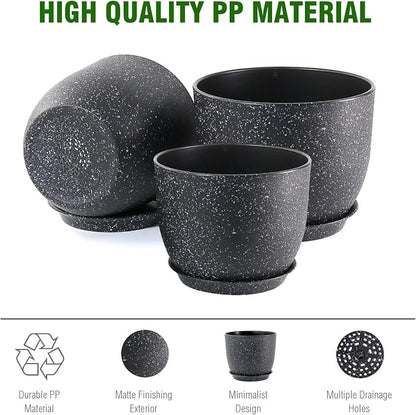 WSMKSZ Plant Pots 10/9/8 inch, Set of 3 Modern Decorative Plastic Planters with Drainage Holes and Saucers for Garden House Plants, Flower Pots for Indoor Outdoor Plants, Speckled Black