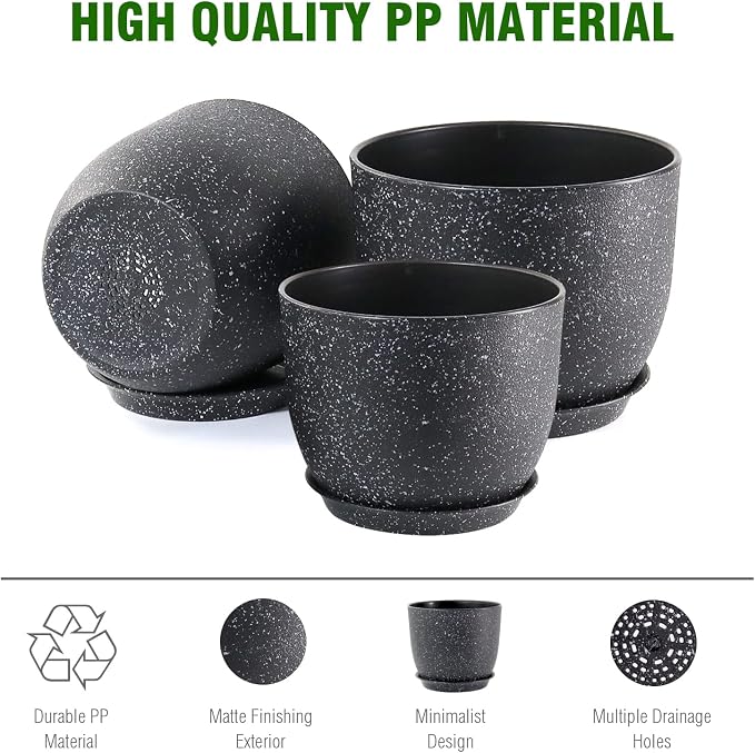 WSMKSZ Large Flower Pots 12/10/9 inch, Set of 3 Modern Decorative Plastic Planters with Drainage Holes and Saucers for Garden House Plants, Plant Pots for Indoor Outdoor Plants, Speckled White